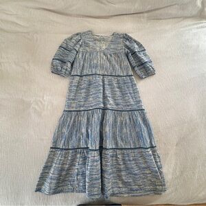 Olivia James Blue & White Tiered Boho Midi Dress Puff Sleeve XS